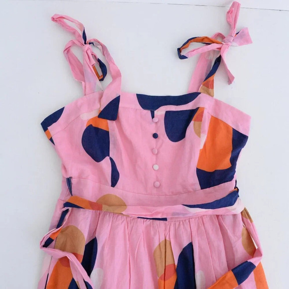 Ciebon Roma Pink & Navy Abstract Splash Apron Ruffle Cotton Midi Dress S - Picture 10 of 13